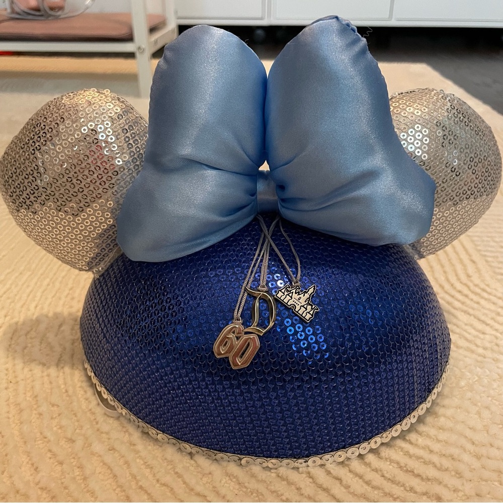 Disneyland 60th Anniversary Minnie Ear Hat | Blue Silver Satin Bow